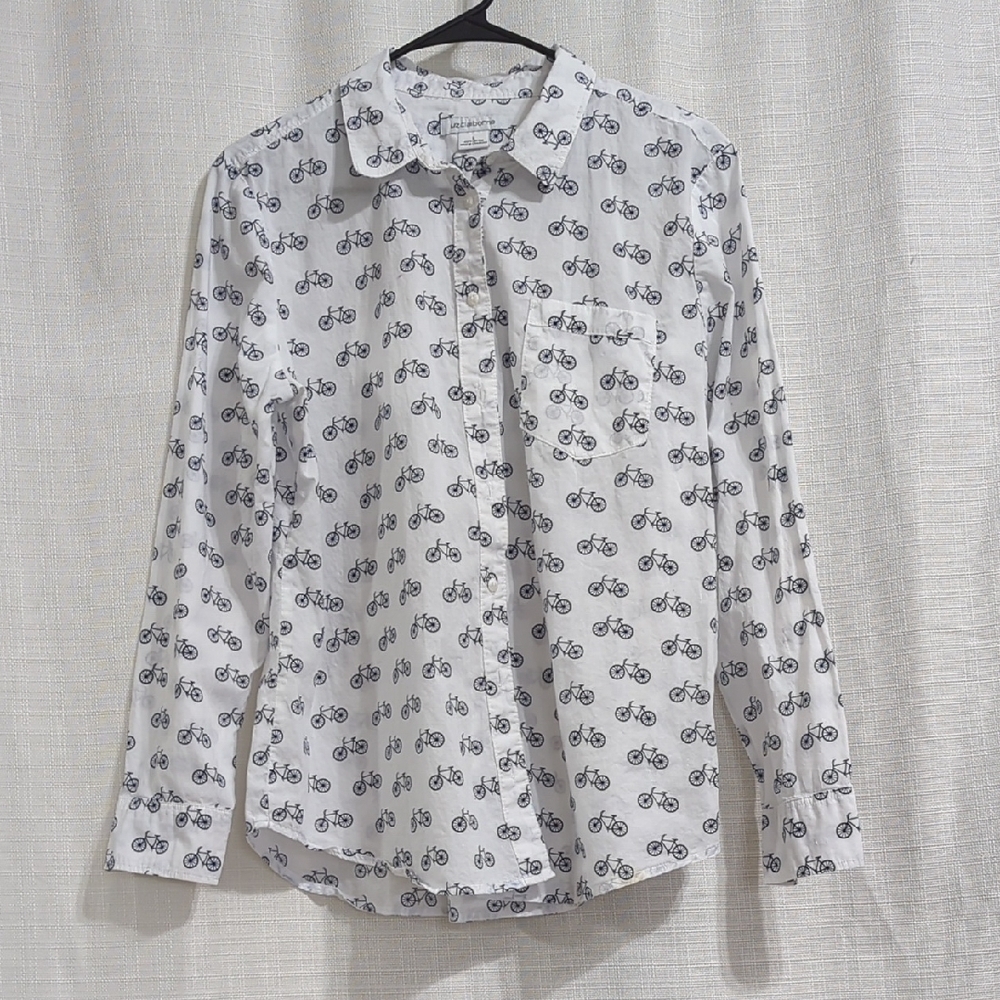 Liz Claiborne Women's Button Down Shirt White Blue Bycicle Cotton Large Casual